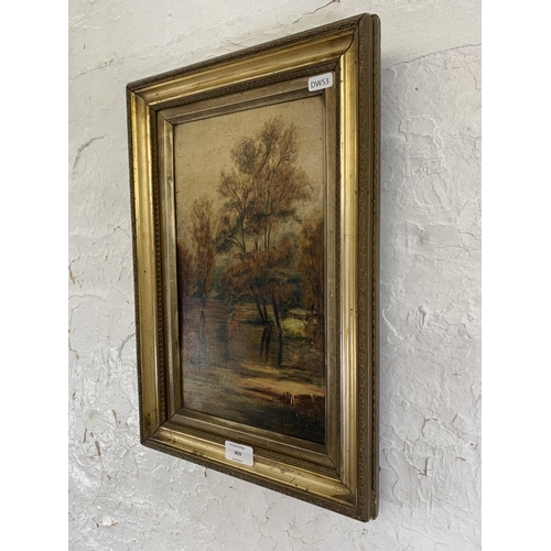 303 - A 19th century gilt framed oil on canvas of landscape scene - approx. 46cm high x 30cm wide