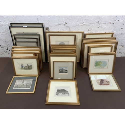 306 - Approx. fifty five framed prints to include map of Leicester and Rutland, engraving of Leicester Abb... 