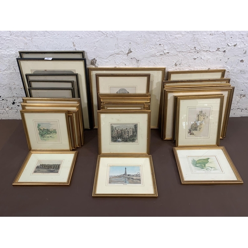 306 - Approx. fifty five framed prints to include map of Leicester and Rutland, engraving of Leicester Abb... 