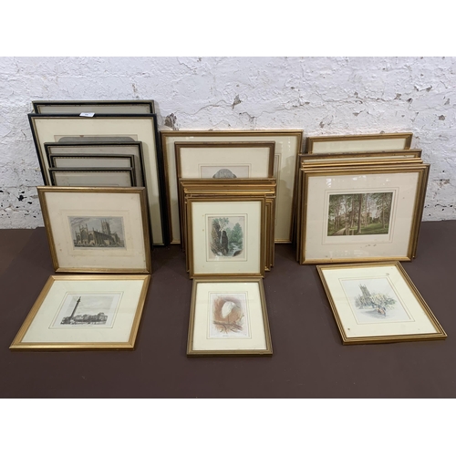 306 - Approx. fifty five framed prints to include map of Leicester and Rutland, engraving of Leicester Abb... 