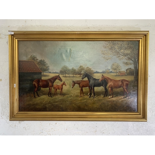 310 - A 19th century gilt framed Cuthbert Bradley (1861-1941) oil on canvas of a horse scene titled 'Shy L... 