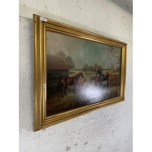 310 - A 19th century gilt framed Cuthbert Bradley (1861-1941) oil on canvas of a horse scene titled 'Shy L... 