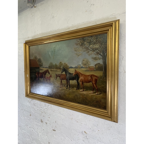 310 - A 19th century gilt framed Cuthbert Bradley (1861-1941) oil on canvas of a horse scene titled 'Shy L... 