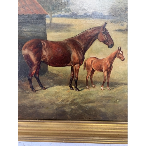 310 - A 19th century gilt framed Cuthbert Bradley (1861-1941) oil on canvas of a horse scene titled 'Shy L... 