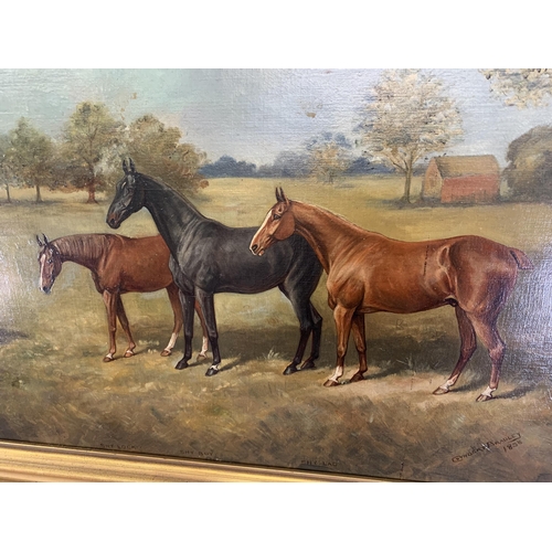 310 - A 19th century gilt framed Cuthbert Bradley (1861-1941) oil on canvas of a horse scene titled 'Shy L... 