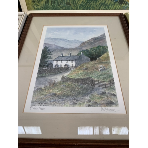 311 - Eight framed pictures, five embroideries, one Colin Williamson 'Blea Tarn House' pencil signed print... 