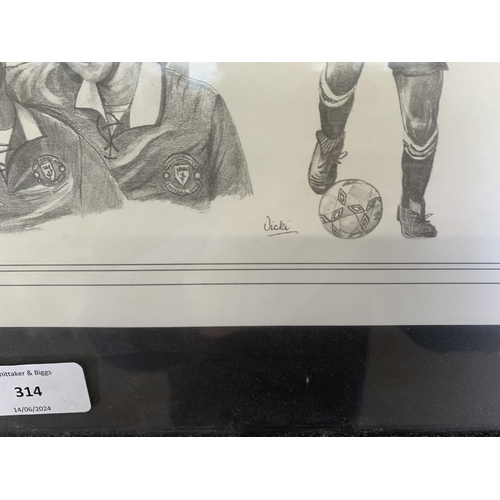 314 - A framed Manchester United pencil sketch print - approx. 48cm high x 58cm wide