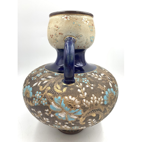 319 - An early 20th century Doulton & Slaters Patent hand painted stoneware twin handled vase with impress... 