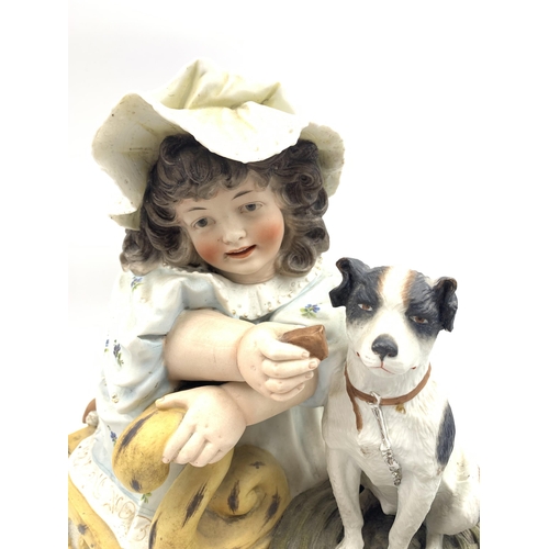 340A - A German Bisque Porcelain figurine of girl feeding dog - approx. 30cm high