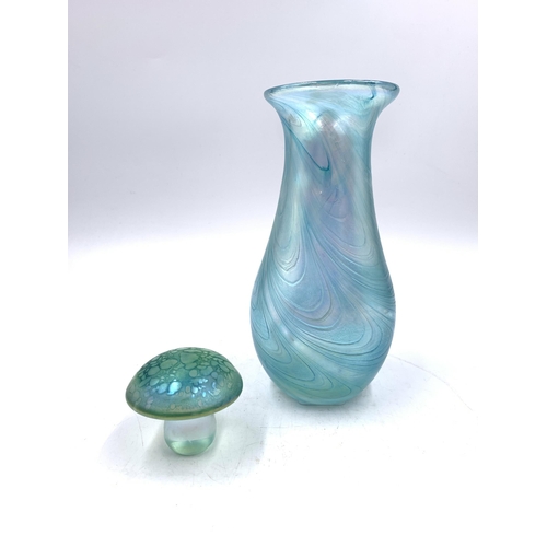 342 - Two pieces of mid 20th century iridescent art glassware, one Glasform mushroom paperweight and one v... 