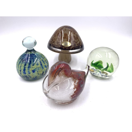 346 - Four art glass paperweights to include Wedgwood mushroom etc.