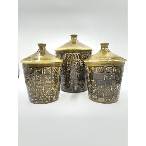 389 - Three mid 20th century Arklow Republic of Ireland pottery lidded storage jars - largest approx. 22.5... 