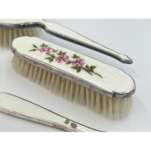 2203 - A mid 20th century Art Deco style HCD white metal and enamel three piece dressing table set comprisi... 