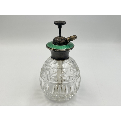 2207 - A Thomas Webb sterling silver, green enamel and cut glass atomiser - approx. 12cm high