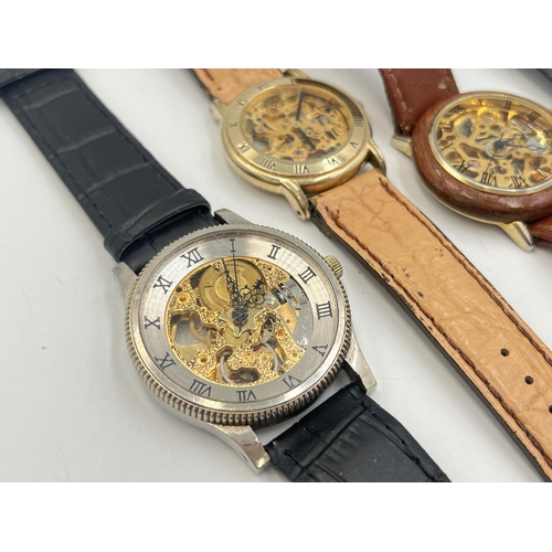 2224 - Four mechanical skeleton men's wristwatches to include Accurist, Everite etc.