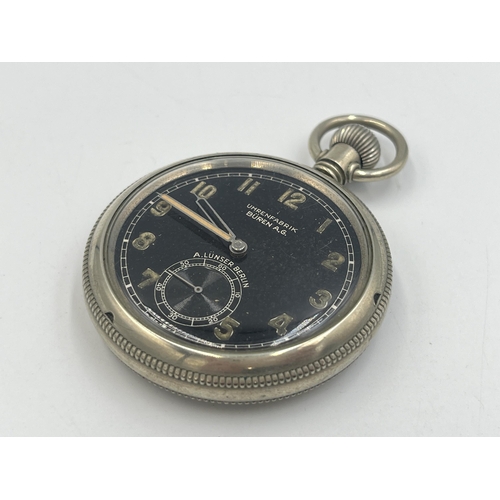 2239 - A cased 1930s German military Buren Grand Prix pocket watch with steel case, black face and sub seco... 