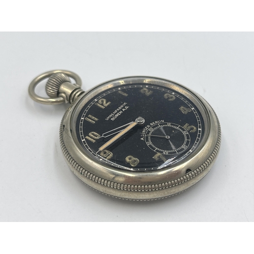 2239 - A cased 1930s German military Buren Grand Prix pocket watch with steel case, black face and sub seco... 