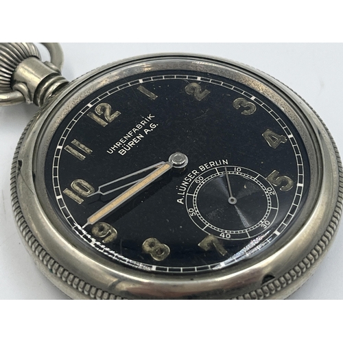 2239 - A cased 1930s German military Buren Grand Prix pocket watch with steel case, black face and sub seco... 