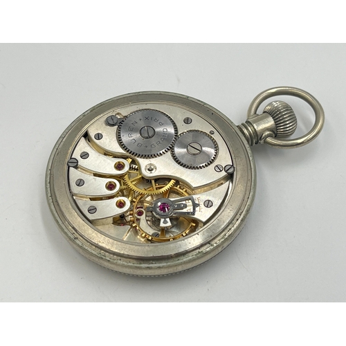 2239 - A cased 1930s German military Buren Grand Prix pocket watch with steel case, black face and sub seco... 