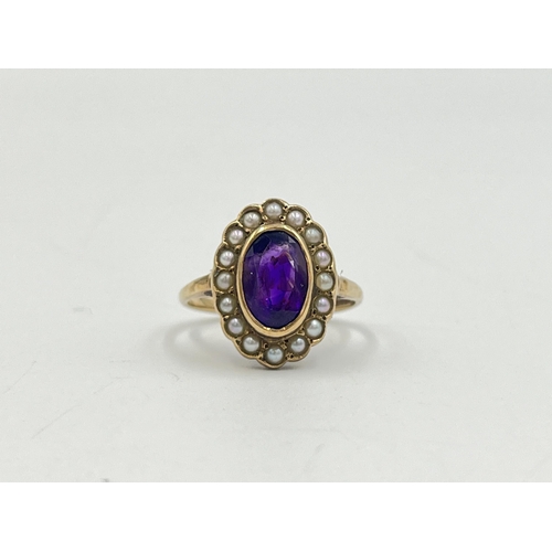 2251 - A hallmarked 9ct gold amethyst and seed pearl halo ring, size O - approx. gross weight 4.3g