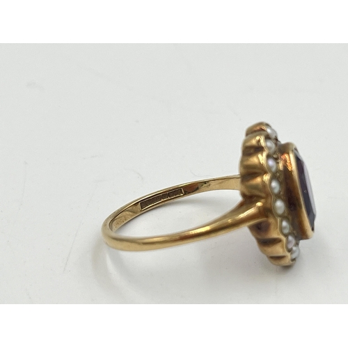 2251 - A hallmarked 9ct gold amethyst and seed pearl halo ring, size O - approx. gross weight 4.3g