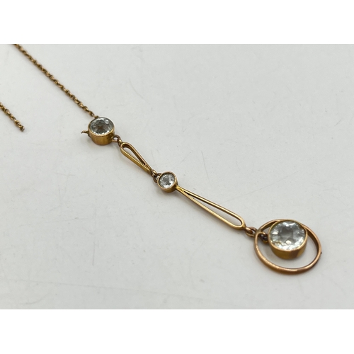 2253 - An early 20th century 9ct gold aquamarine set pendant necklace - approx. gross weight 2.9g