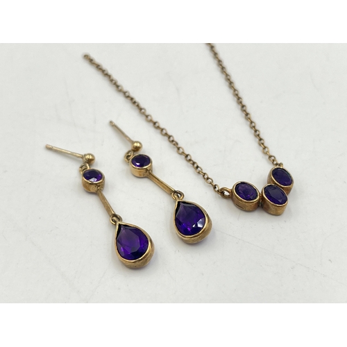 2255 - A 9ct gold amethyst necklace and earrings set - approx. gross weight 4.5g