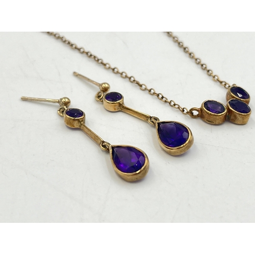 2255 - A 9ct gold amethyst necklace and earrings set - approx. gross weight 4.5g