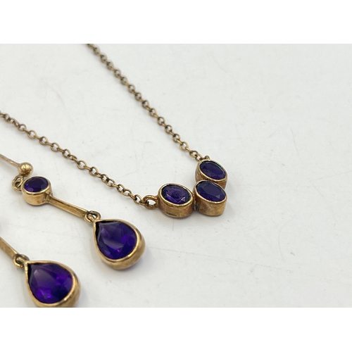 2255 - A 9ct gold amethyst necklace and earrings set - approx. gross weight 4.5g