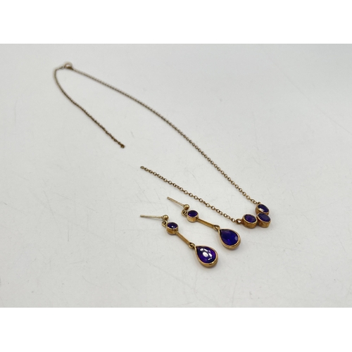 2255 - A 9ct gold amethyst necklace and earrings set - approx. gross weight 4.5g