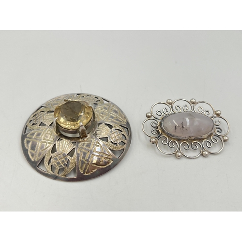 2262 - Two hallmarked sterling silver brooches, one Hjaltasteyn Ltd hallmarked Edinburgh moonstone set, dat... 