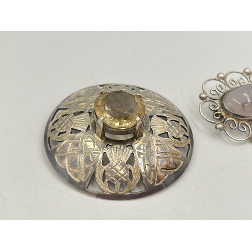 2262 - Two hallmarked sterling silver brooches, one Hjaltasteyn Ltd hallmarked Edinburgh moonstone set, dat... 