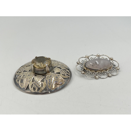 2262 - Two hallmarked sterling silver brooches, one Hjaltasteyn Ltd hallmarked Edinburgh moonstone set, dat... 