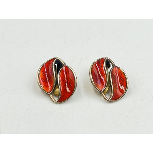 2270 - A pair of David Andersen Norway sterling silver and red enamel leaf shaped clip on earrings - approx... 