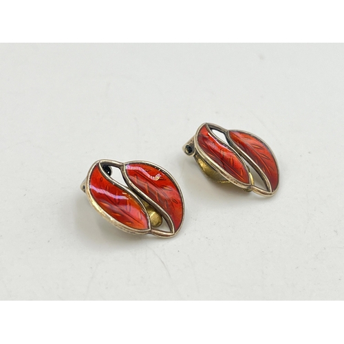 2270 - A pair of David Andersen Norway sterling silver and red enamel leaf shaped clip on earrings - approx... 