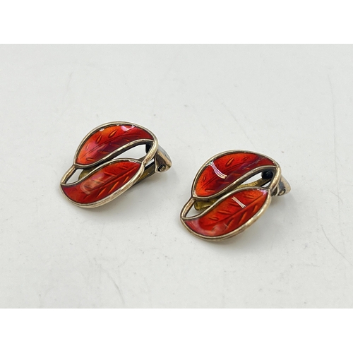 2270 - A pair of David Andersen Norway sterling silver and red enamel leaf shaped clip on earrings - approx... 