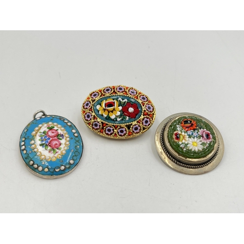 2283 - Three Victorian and later micro mosaic and enamel brooches to include white metal etc.