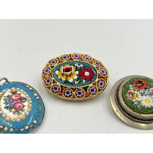 2283 - Three Victorian and later micro mosaic and enamel brooches to include white metal etc.