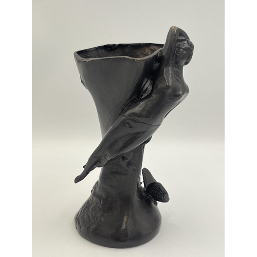 2303 - An Art Deco bronze Butterfly Nymph vase signed 'Suzanne Bizard' - approx. 17.5cm high