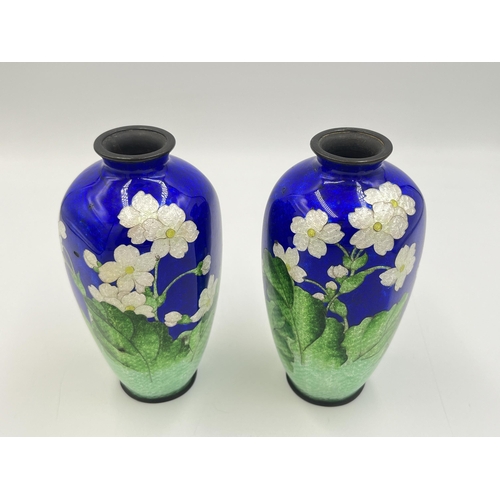 2306 - A pair of Japanese Meiji period Ginbari cloisonné vases with character marks to base - approx. 13cm ... 