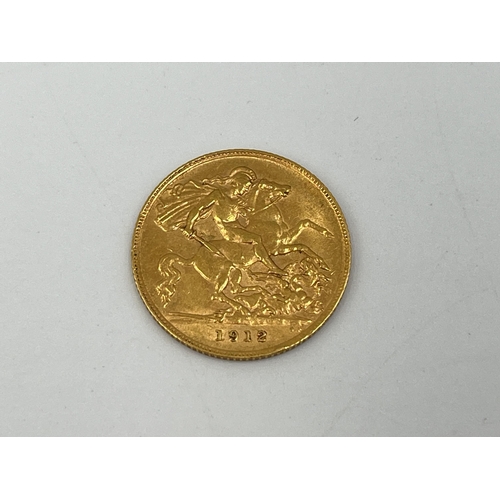 2318 - A 1912 George V 22ct gold half sovereign - approx. gross weight 4g