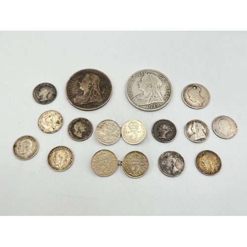 2321 - A collection of 92.5% silver British coins to include 1897 and 1898 half crowns, 1836, 1837 and 1838... 