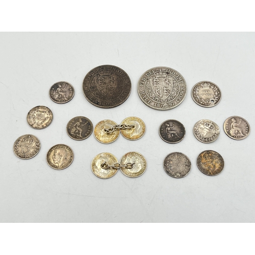 2321 - A collection of 92.5% silver British coins to include 1897 and 1898 half crowns, 1836, 1837 and 1838... 