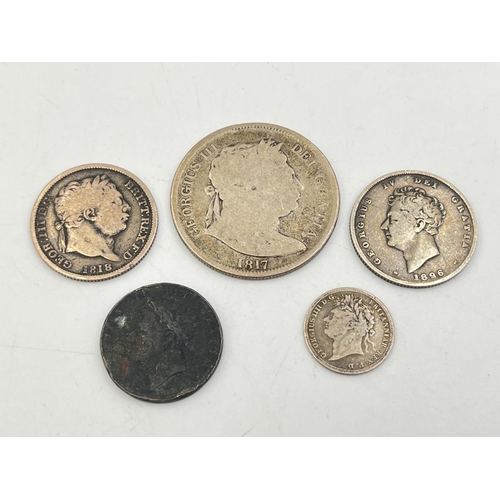 2324 - Four Georgian 92.5% silver coins, one 1817 half crown, one 1818 shilling, one 1826 shilling and one ... 