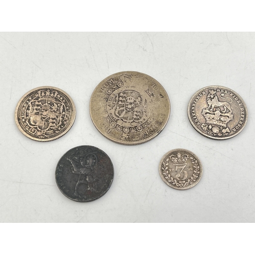 2324 - Four Georgian 92.5% silver coins, one 1817 half crown, one 1818 shilling, one 1826 shilling and one ... 