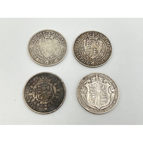 2335 - Four 92.5% silver half crowns, one 1817, two 1899 and one 1914