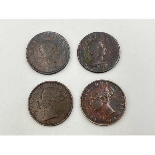 2338 - Four British halfpennies, 1854, 1851, 1806 and 1719