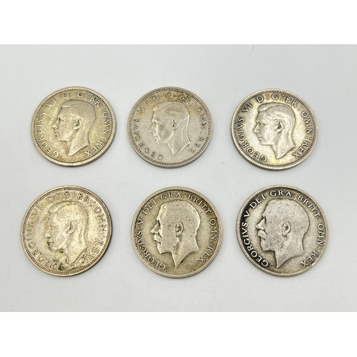 2342 - Six 50% silver half crowns, 1920, 1921, 1940, 1944 and two 1943