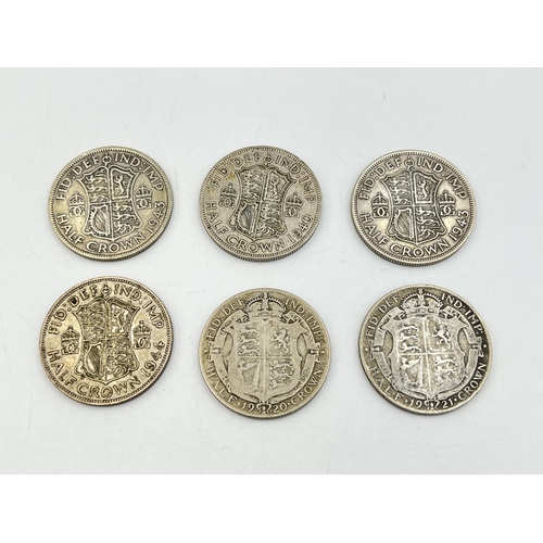 2342 - Six 50% silver half crowns, 1920, 1921, 1940, 1944 and two 1943