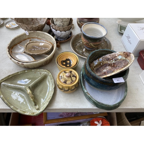 401 - A collection of 20th century studio pottery to include Sheringham oval dish, Inniemore Pottery coffe... 